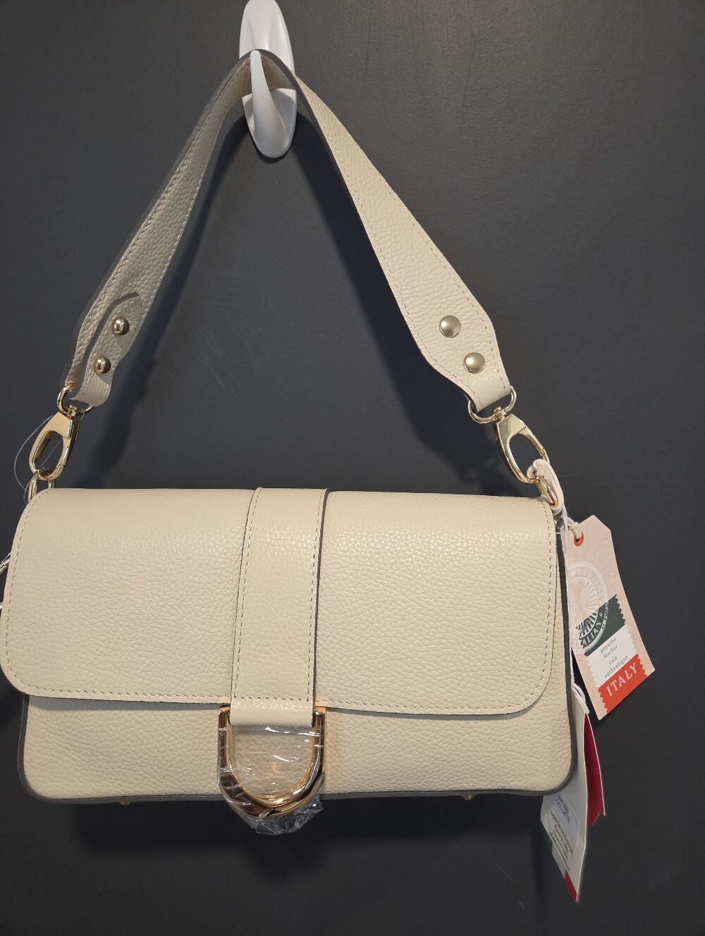 Dovina Firenze Ivory Leather Convertible Crossbody Bag with Gold Hardware